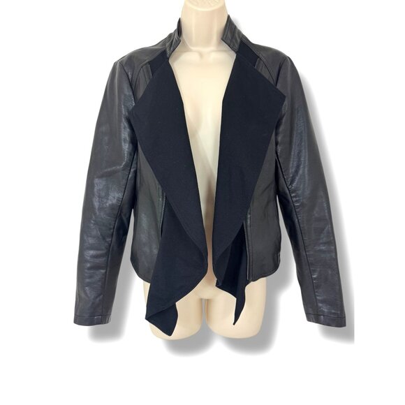 INC Black Faux Leather‎ Moto Cascade Open Jacket Ponte Knit with Pockets Size M - Picture 3 of 7